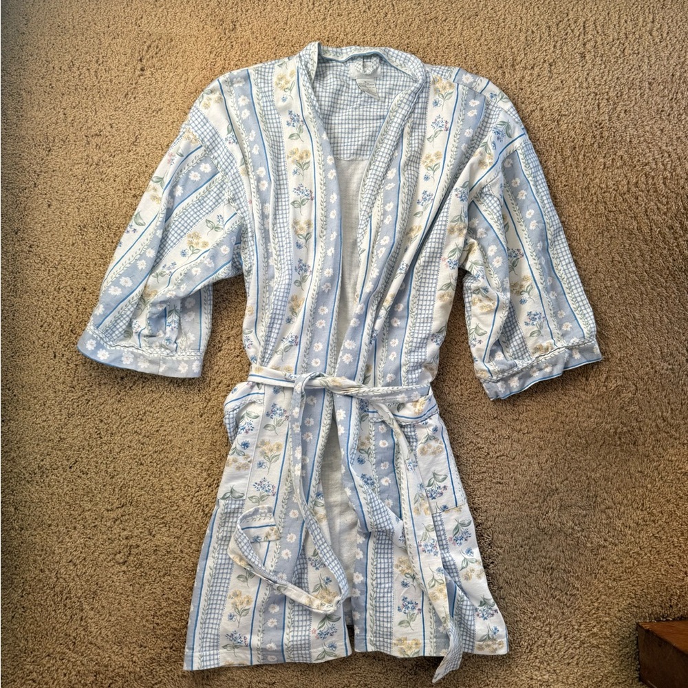 Blue and White Striped Floral Robe